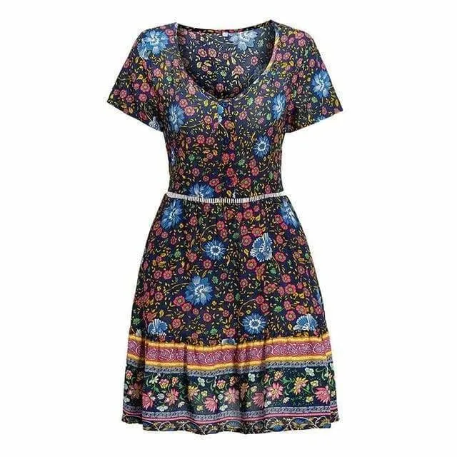 FashionSierra - A-Line Bohemian Floral Dress Sexy V-neck Short Sleeve Mini Dress