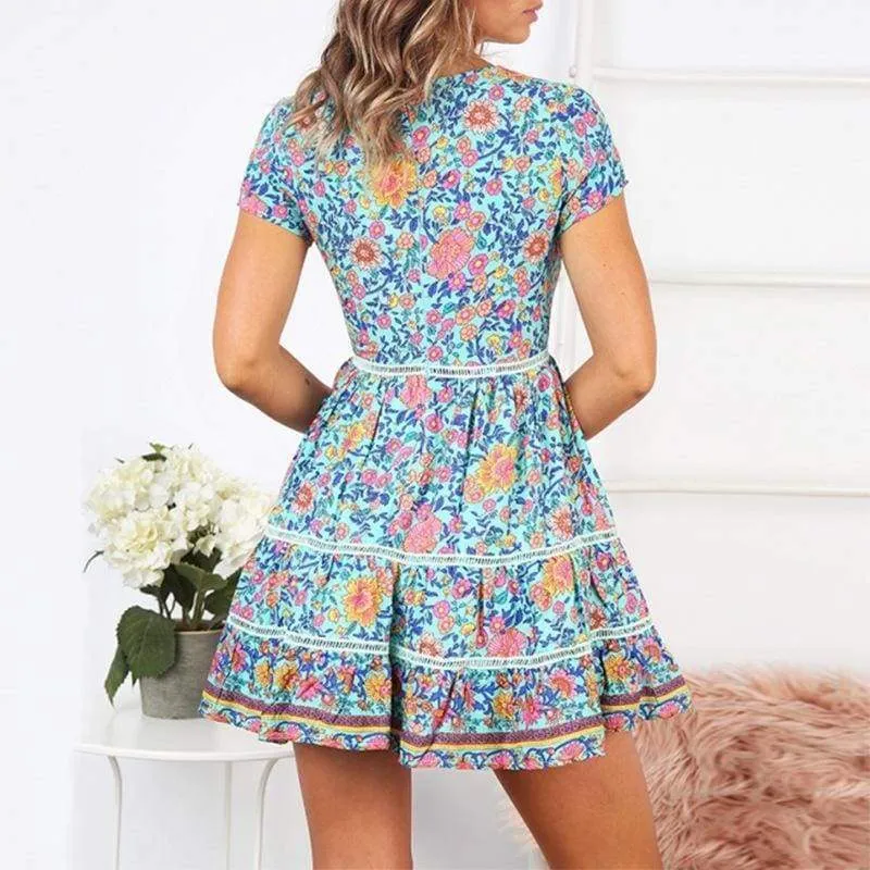 FashionSierra - A-Line Bohemian Floral Dress Sexy V-neck Short Sleeve Mini Dress