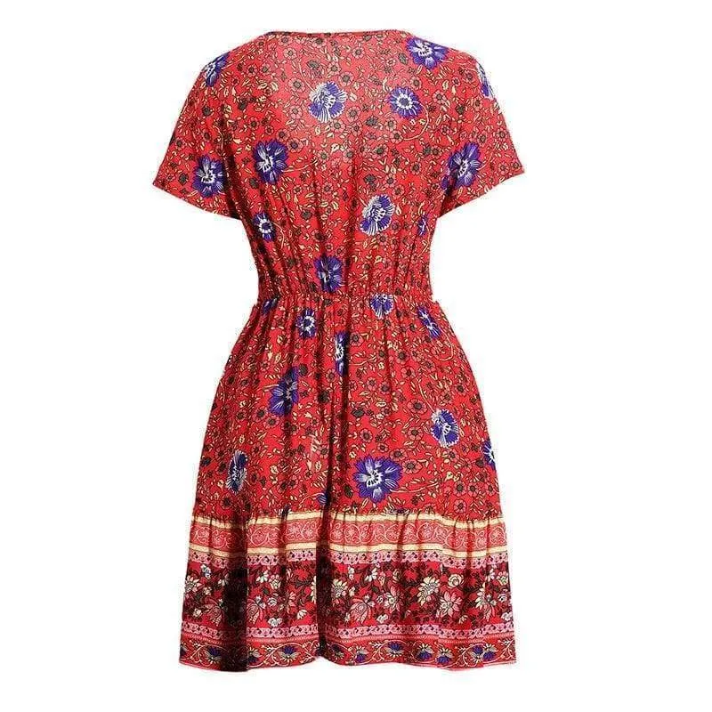 FashionSierra - A-Line Bohemian Floral Dress Sexy V-neck Short Sleeve Mini Dress