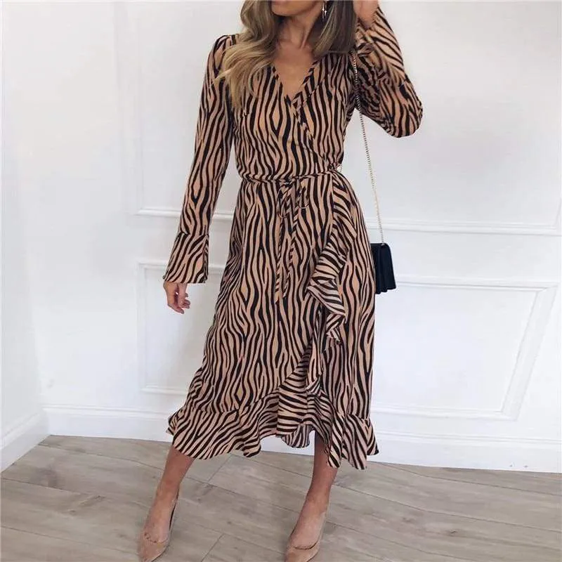 FashionSierra - Women Zebra Print Beach Bohemian Long Sleeve V Neck Ruffle Dress