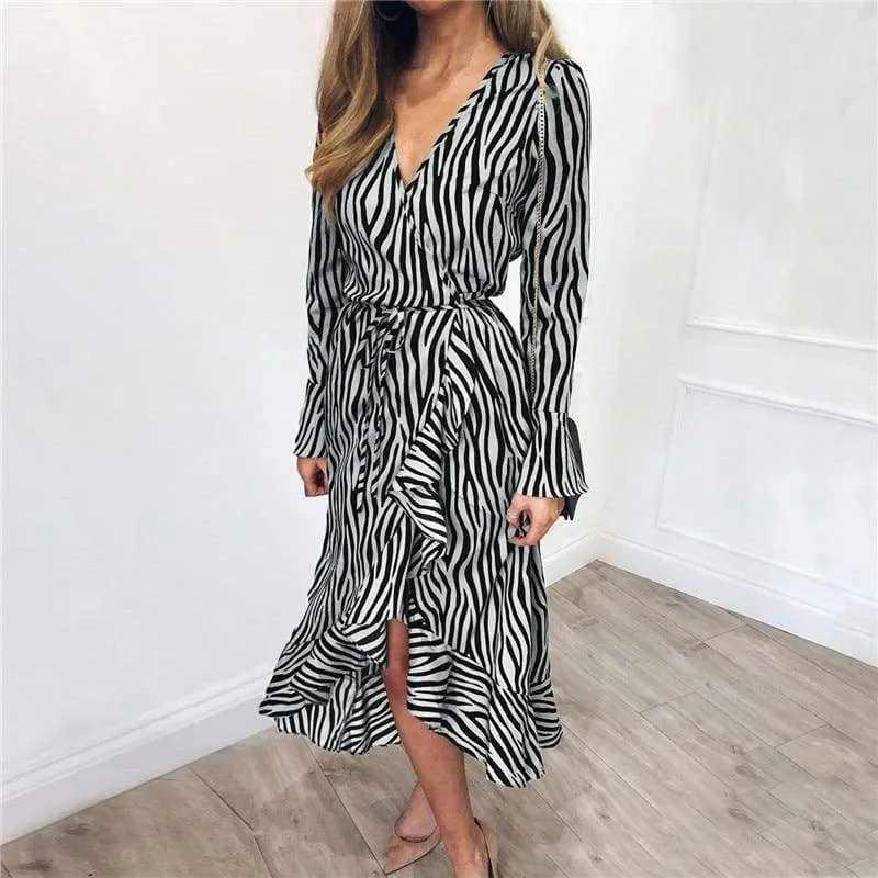 FashionSierra - Women Zebra Print Beach Bohemian Long Sleeve V Neck Ruffle Dress