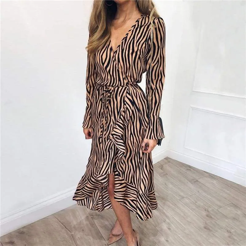 FashionSierra - Women Zebra Print Beach Bohemian Long Sleeve V Neck Ruffle Dress