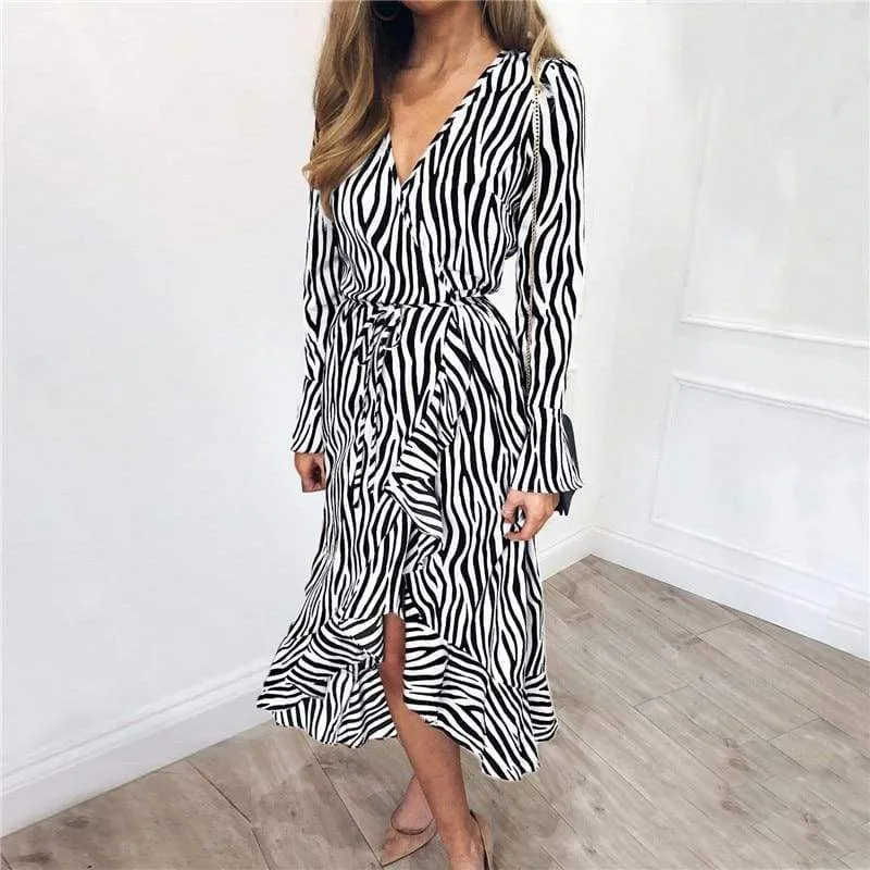 FashionSierra - Women Zebra Print Beach Bohemian Long Sleeve V Neck Ruffle Dress