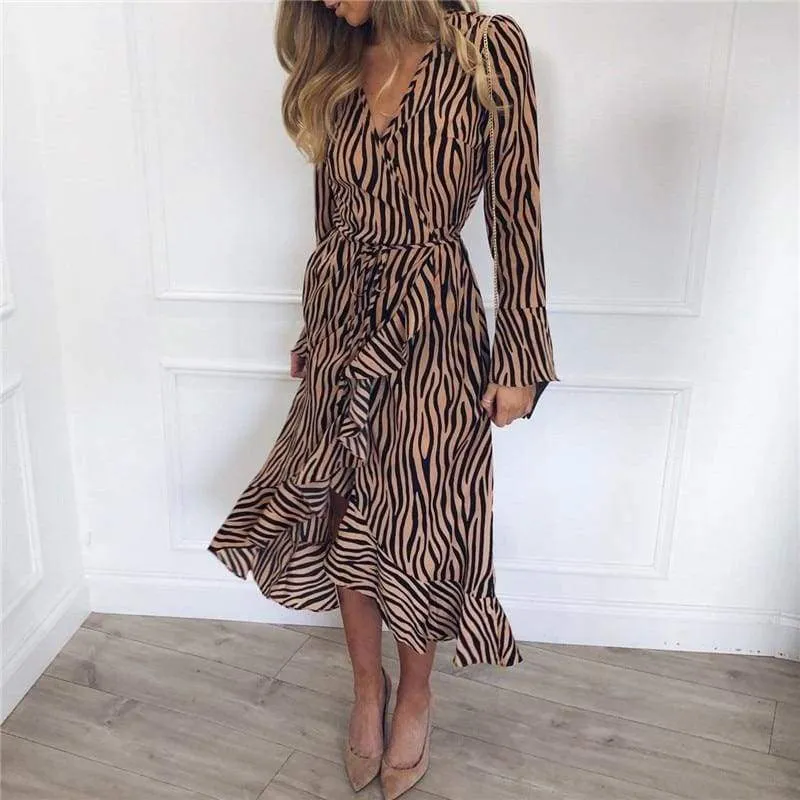 FashionSierra - Women Zebra Print Beach Bohemian Long Sleeve V Neck Ruffle Dress