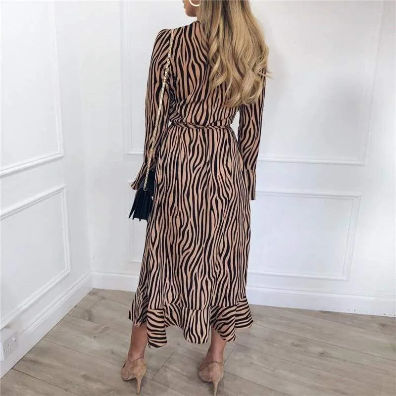 FashionSierra - Women Zebra Print Beach Bohemian Long Sleeve V Neck Ruffle Dress