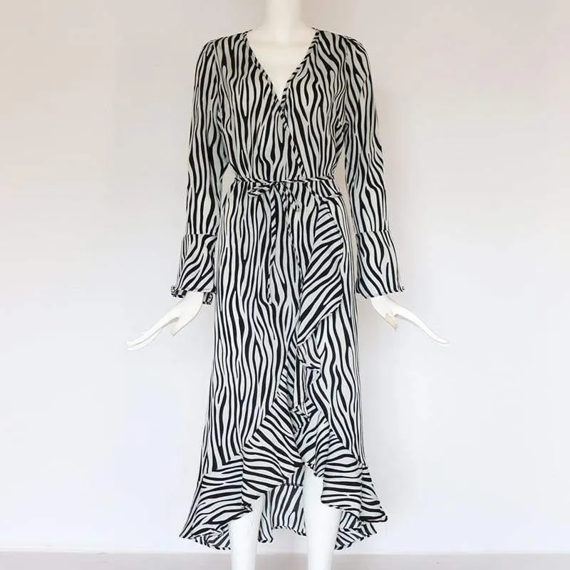 FashionSierra - Women Zebra Print Beach Bohemian Long Sleeve V Neck Ruffle Dress