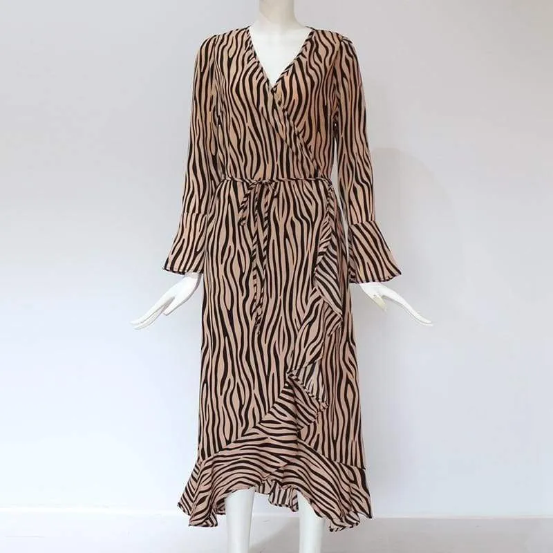 FashionSierra - Women Zebra Print Beach Bohemian Long Sleeve V Neck Ruffle Dress