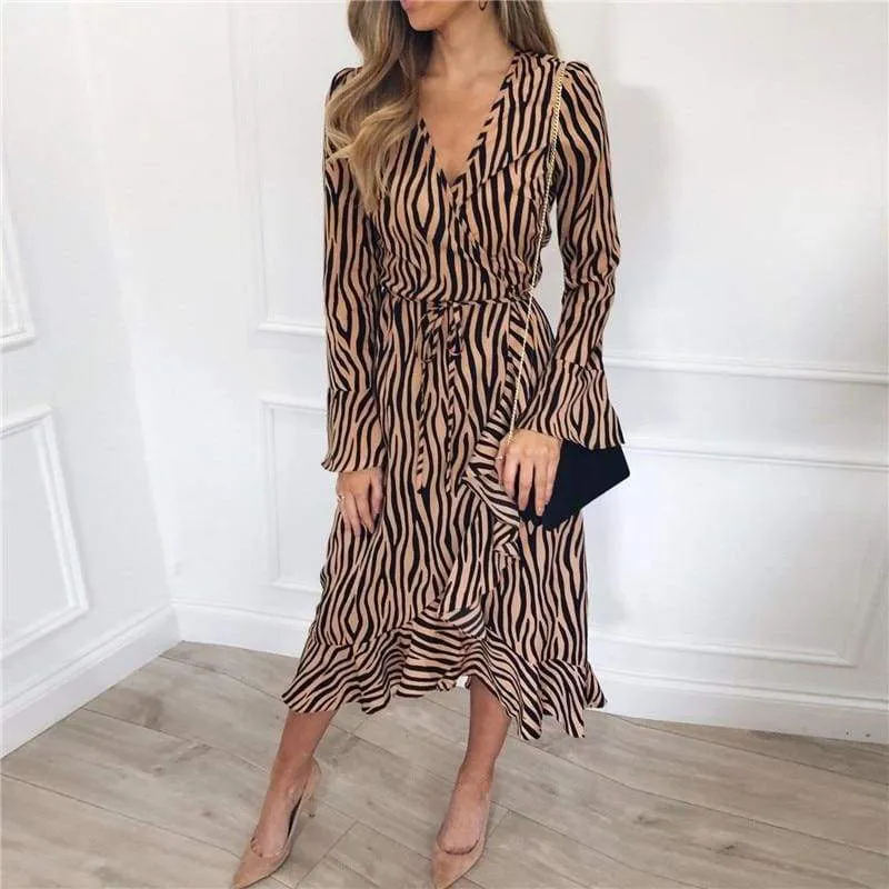 FashionSierra - Women Zebra Print Beach Bohemian Long Sleeve V Neck Ruffle Dress