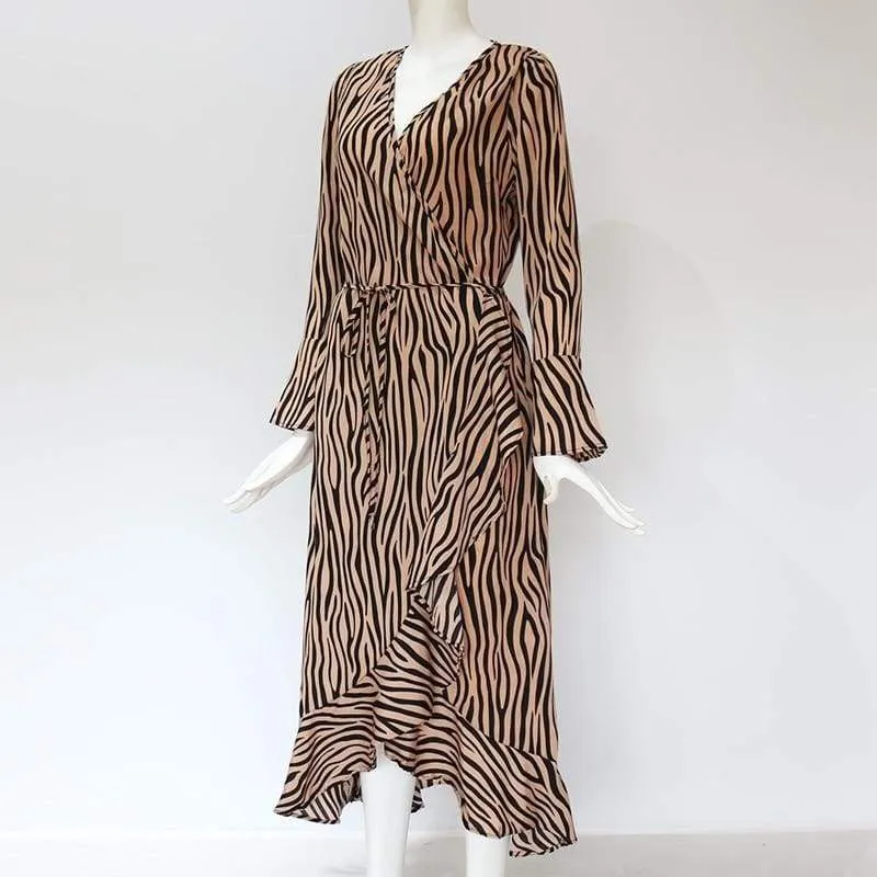 FashionSierra - Women Zebra Print Beach Bohemian Long Sleeve V Neck Ruffle Dress