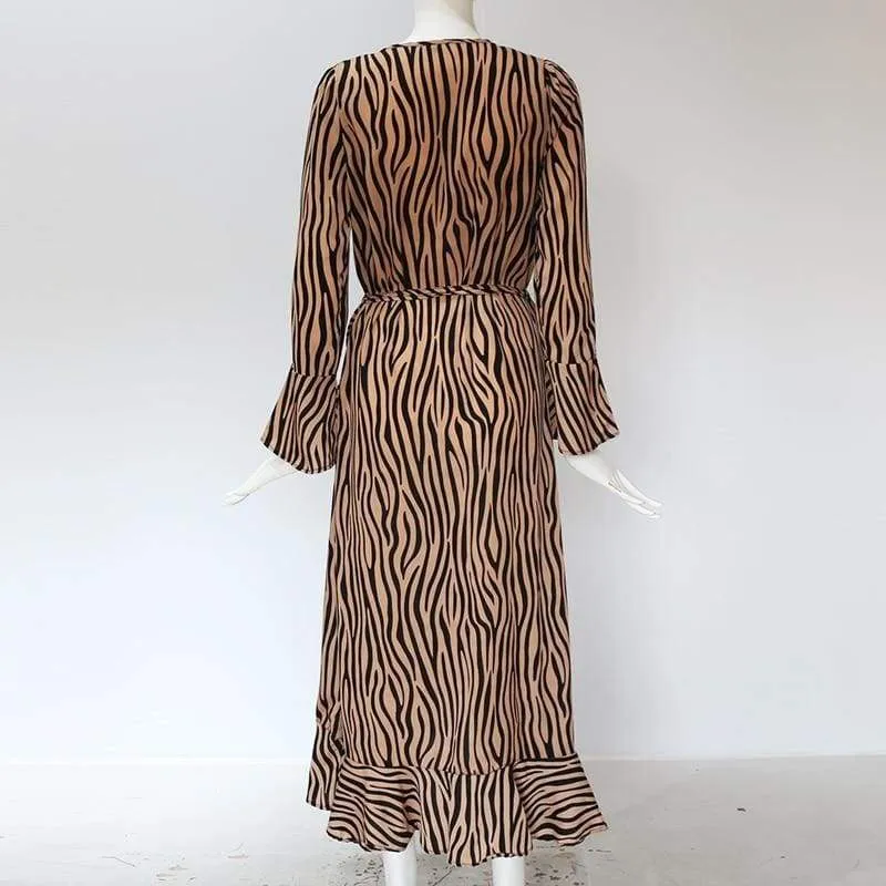 FashionSierra - Women Zebra Print Beach Bohemian Long Sleeve V Neck Ruffle Dress