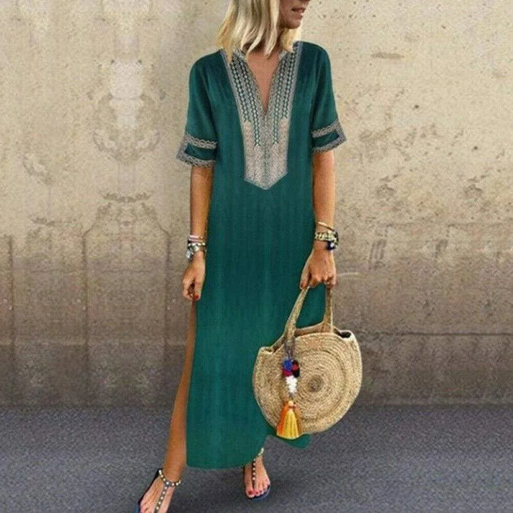 FashionSierra - Women's Bohemian Floral Print Split Cotton Linen Maxi Dress Deep V Neck Long Sleeve Summer Casual Party Dresses Plus Size