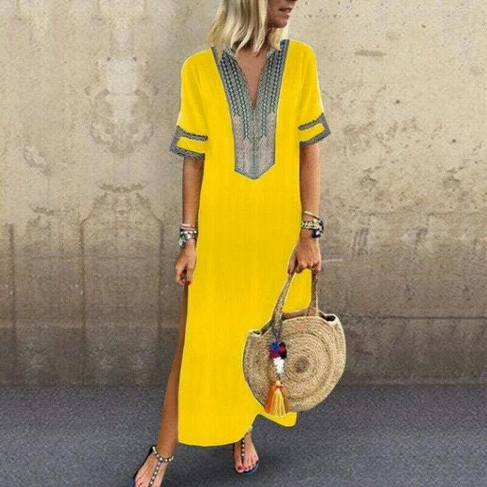 FashionSierra - Women's Bohemian Floral Print Split Cotton Linen Maxi Dress Deep V Neck Long Sleeve Summer Casual Party Dresses Plus Size