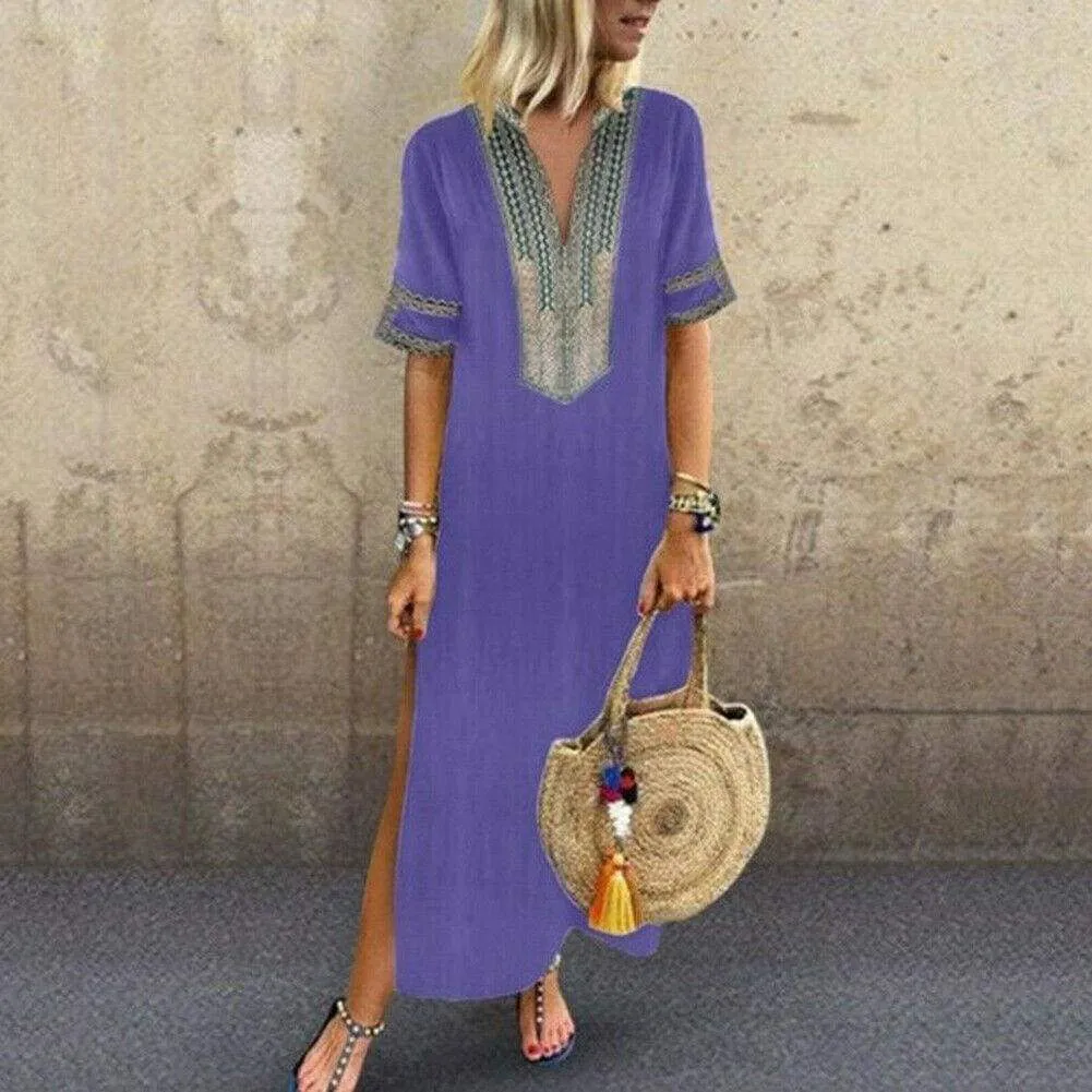 FashionSierra - Women's Bohemian Floral Print Split Cotton Linen Maxi Dress Deep V Neck Long Sleeve Summer Casual Party Dresses Plus Size