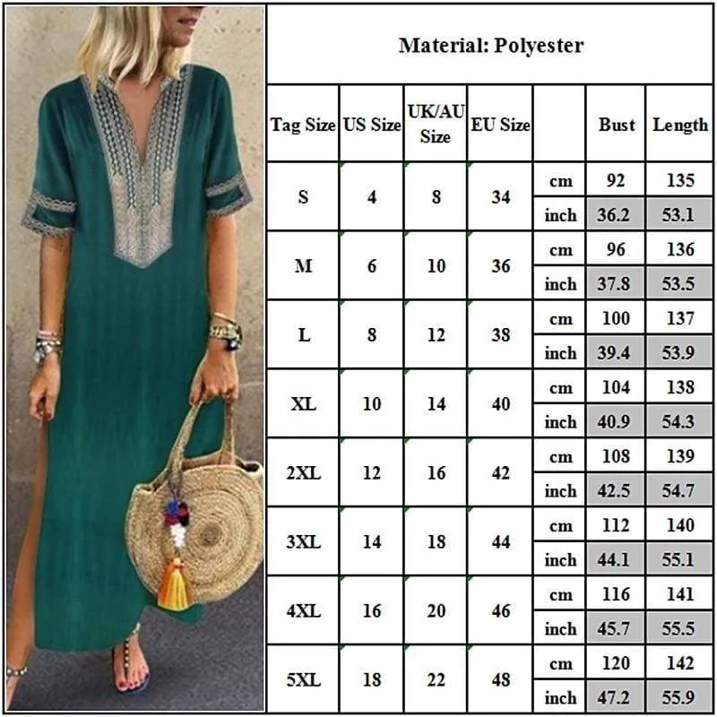 FashionSierra - Women's Bohemian Floral Print Split Cotton Linen Maxi Dress Deep V Neck Long Sleeve Summer Casual Party Dresses Plus Size