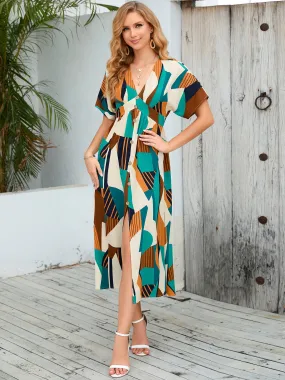 Geometric Printed Split Short-sleeved Dress