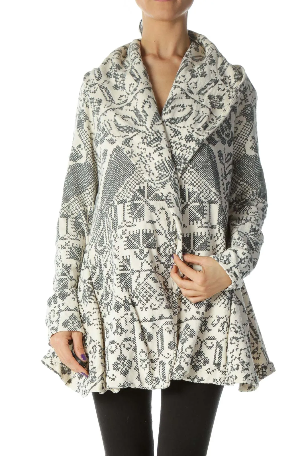 Gray and White Patterned Knit Cardigan