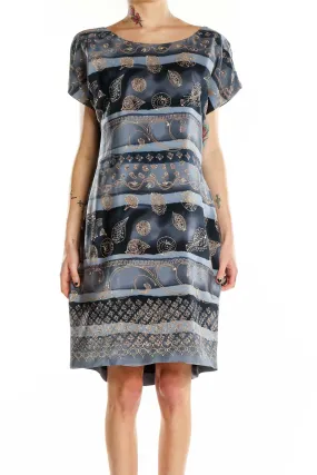 Gray Blue Silk Bohemian Print Dress