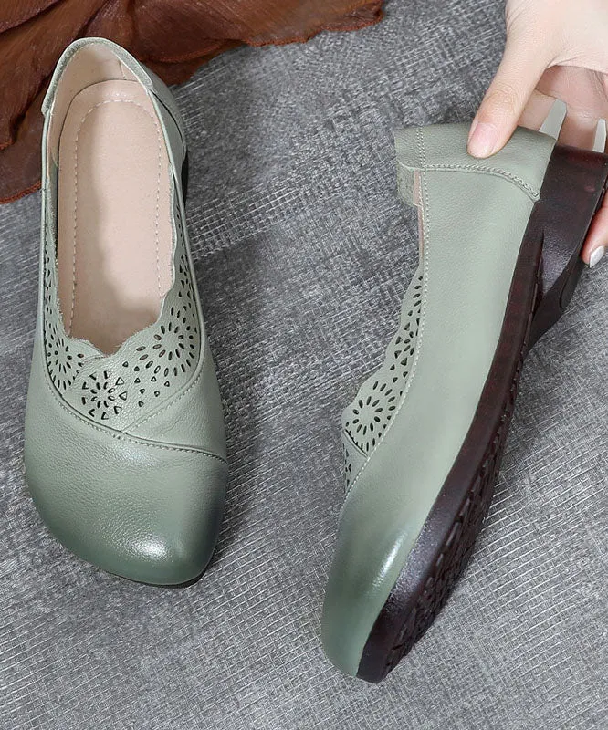 Green Hollow Out Flat Shoes Cowhide Leather Elegant Splicing Flats LC0507