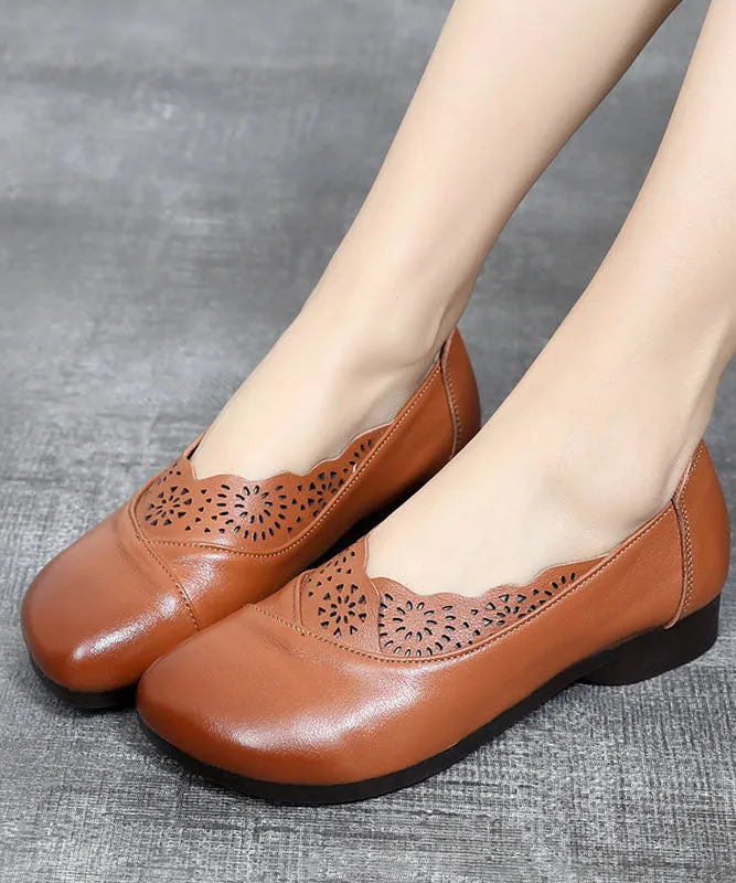 Green Hollow Out Flat Shoes Cowhide Leather Elegant Splicing Flats LC0507