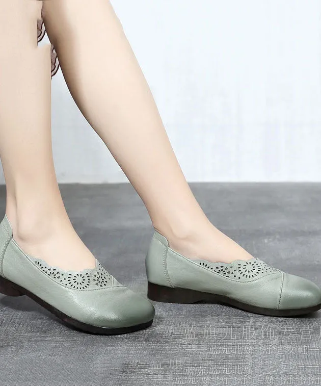 Green Hollow Out Flat Shoes Cowhide Leather Elegant Splicing Flats LC0507