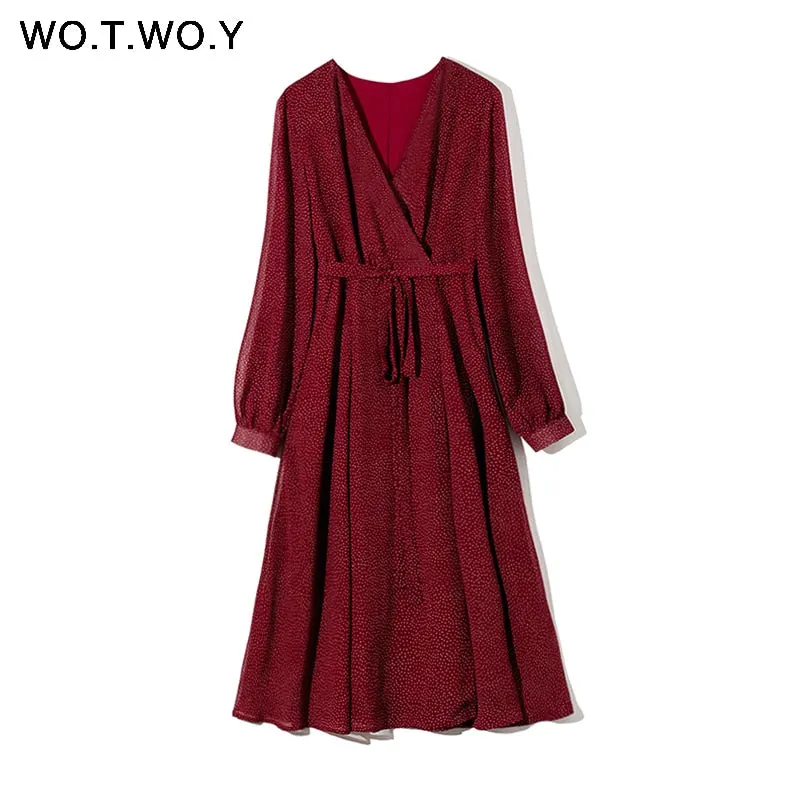 Joskaa Christmas Gift WOTWOY 2024 Bohemian Dot Print Dresses Women Summer Cross V-neck Sashes Mid-Calf Dress Lady Long Sleeve Button Dresses Female