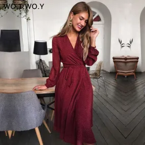 Joskaa Christmas Gift WOTWOY 2024 Bohemian Dot Print Dresses Women Summer Cross V-neck Sashes Mid-Calf Dress Lady Long Sleeve Button Dresses Female