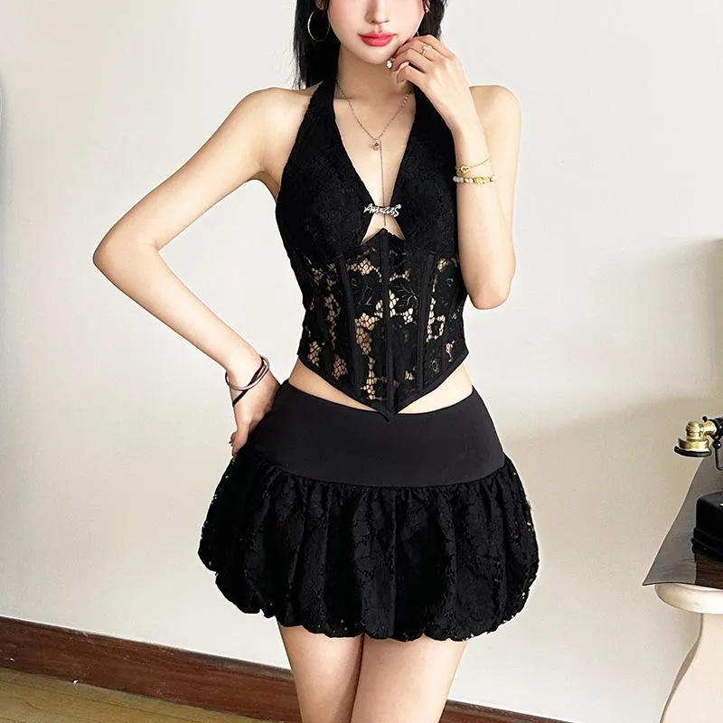 Lace ruffle solid mini skirt