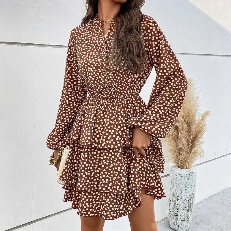 Long Sleeve Polka-Dot Print Layers Midi Dress with Ruffles Wholesale Women Clothing