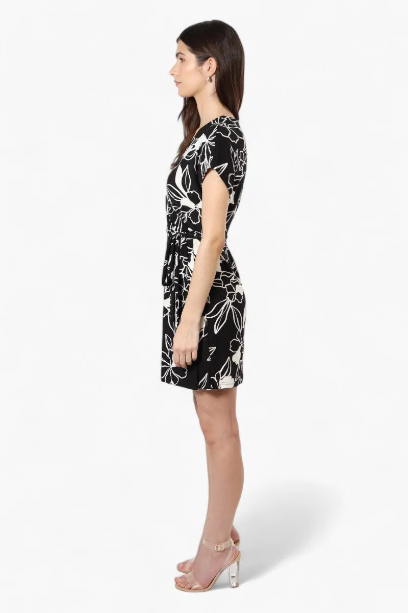 Majora Belted Floral Crossover Day Dress - Black