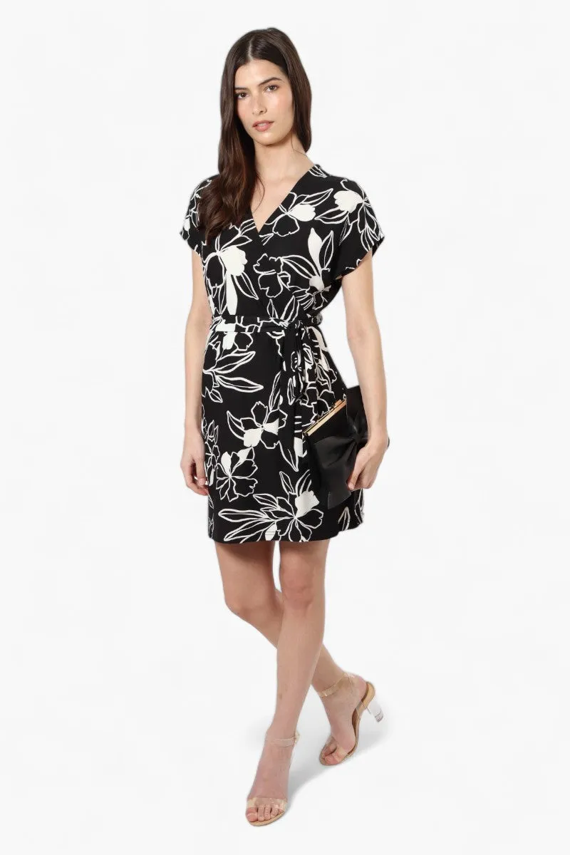 Majora Belted Floral Crossover Day Dress - Black