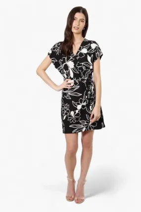 Majora Belted Floral Crossover Day Dress - Black