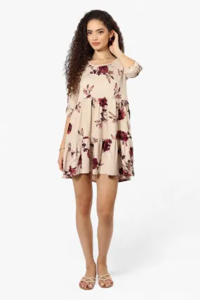 Majora Floral Scoop Neck Roll Up Sleeve Day Dress - Beige