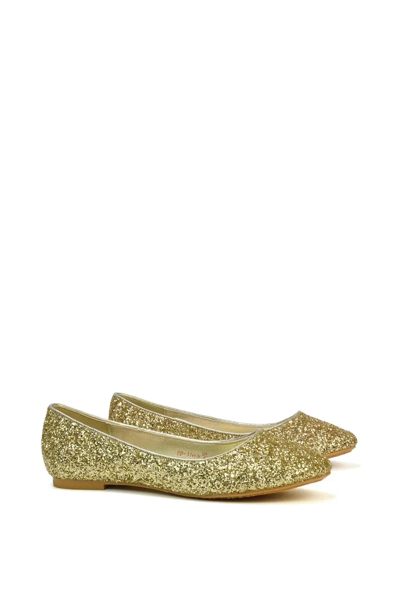 MALEFICENT FLAT BLOCK HIGH HEELED SLIP ON BALLERINA PUMP SHOES IN GOLD GLITTER