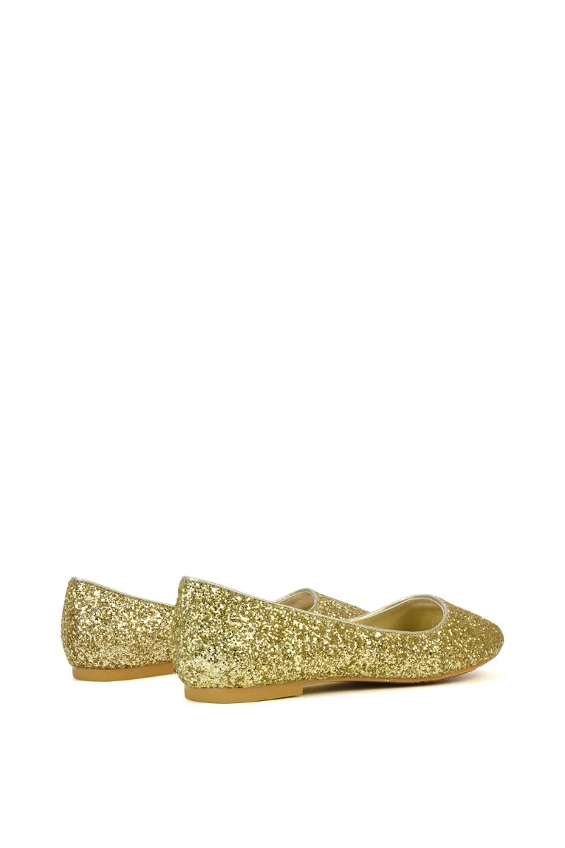 MALEFICENT FLAT BLOCK HIGH HEELED SLIP ON BALLERINA PUMP SHOES IN GOLD GLITTER