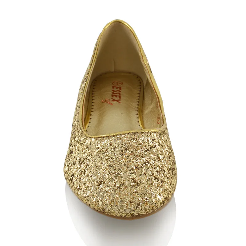 MALEFICENT FLAT BLOCK HIGH HEELED SLIP ON BALLERINA PUMP SHOES IN GOLD GLITTER