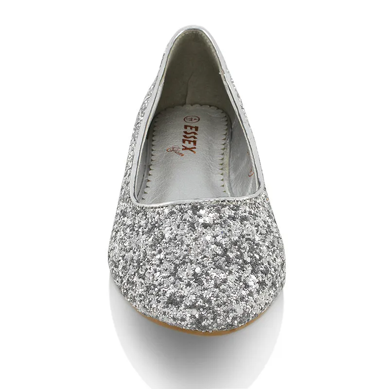 MALEFICENT FLAT BLOCK HIGH HEELED SLIP ON BALLERINA PUMP SHOES IN SILVER GLITTER