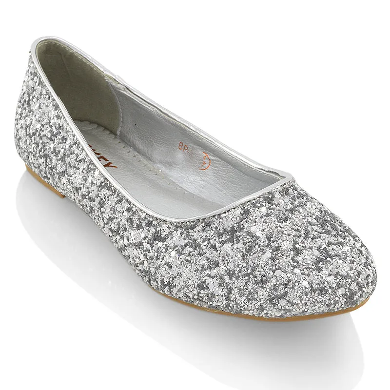 MALEFICENT FLAT BLOCK HIGH HEELED SLIP ON BALLERINA PUMP SHOES IN SILVER GLITTER