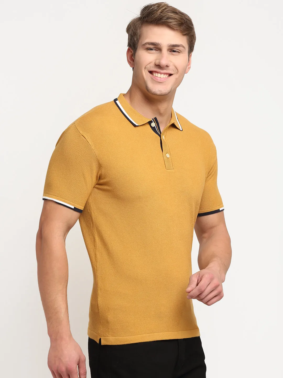 Men's Mustard  Polo neck Half Sleeve Flatknit T-Shirt