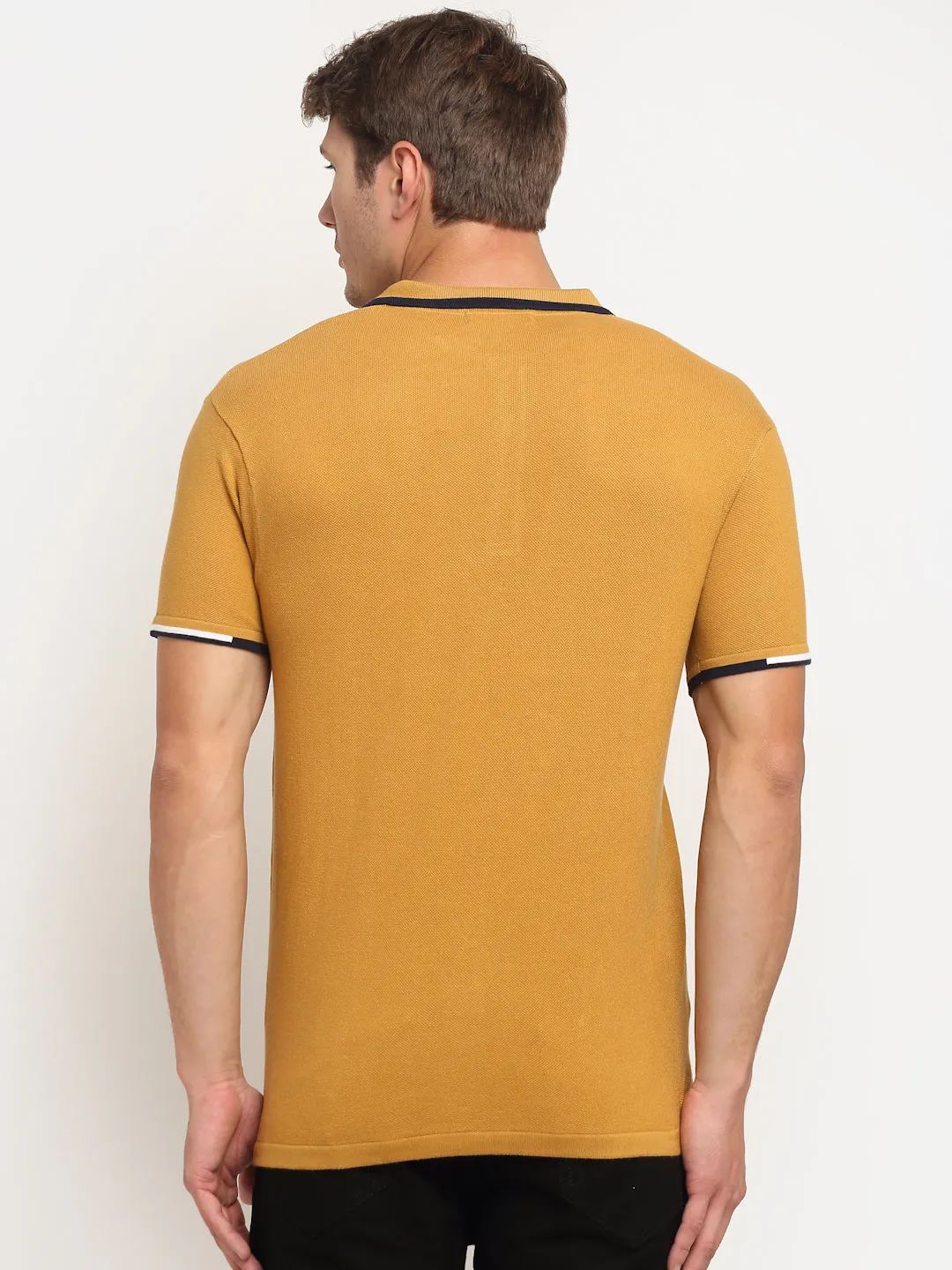 Men's Mustard  Polo neck Half Sleeve Flatknit T-Shirt