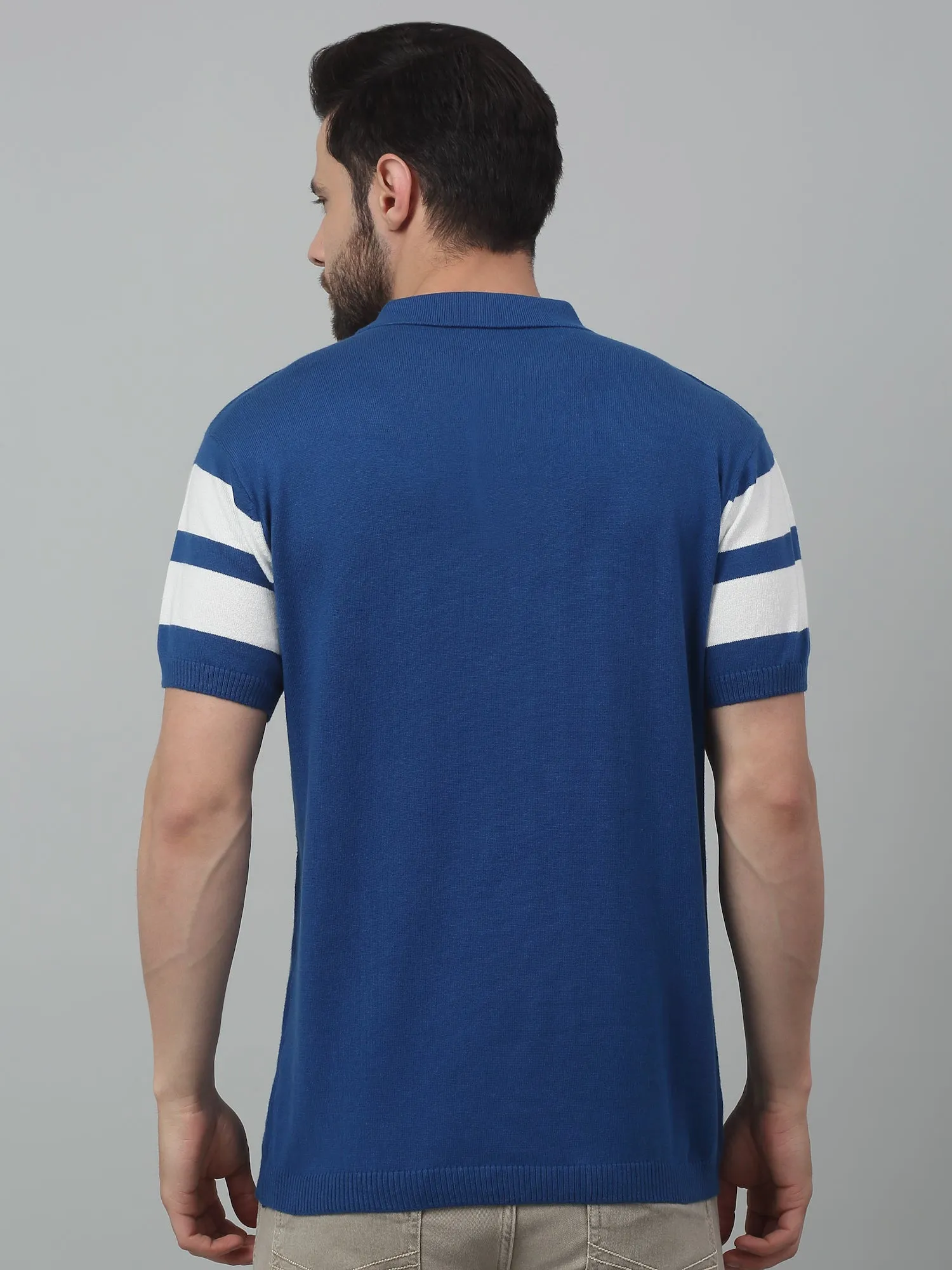 Men's Royal Blue Stripe Polo neck Half Sleeve Flatknit T-Shirt