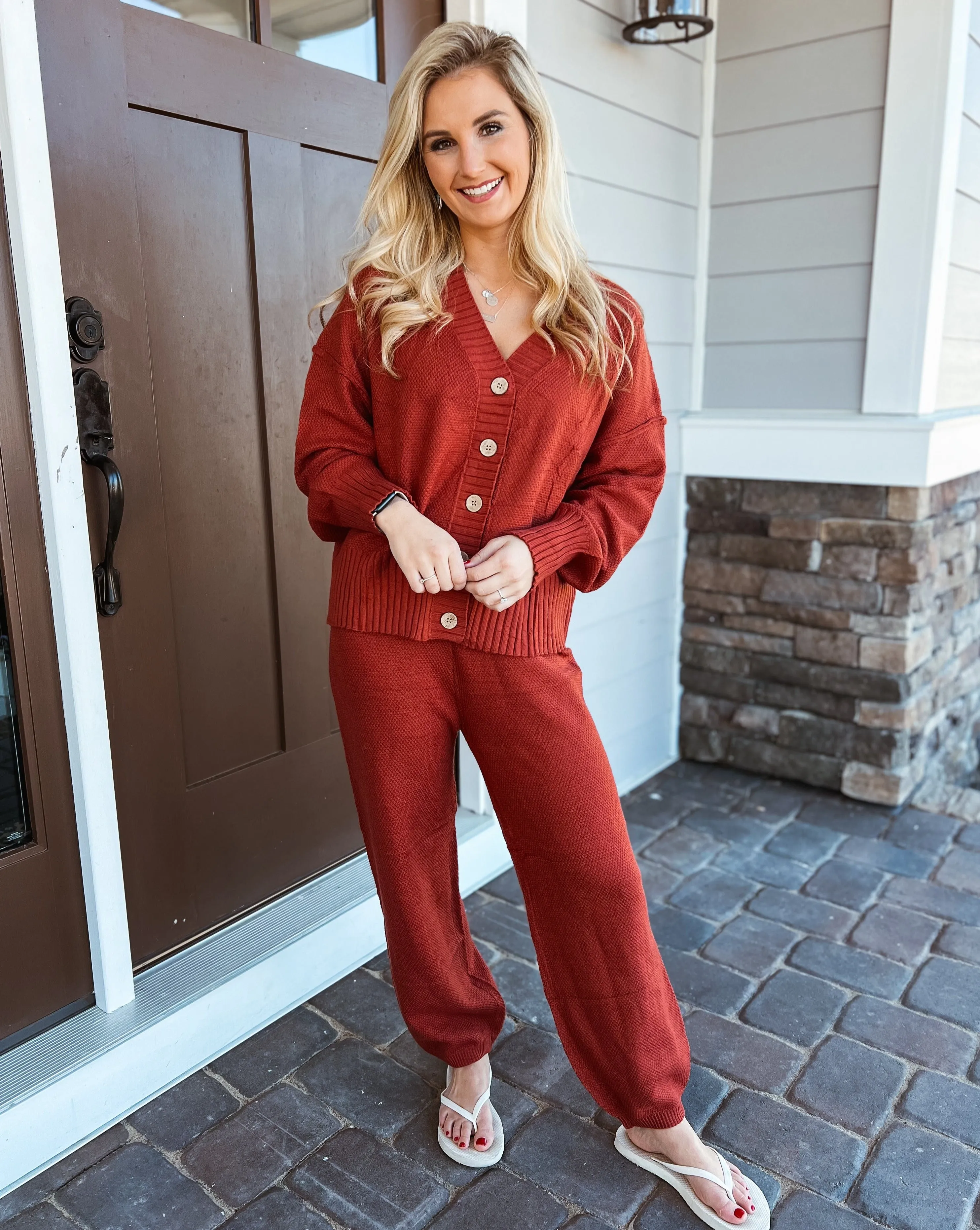 MEROKEETY Waffle Knit Cardigan and High Waist Pants Lounge Set