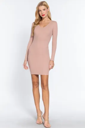 Pale Pink Long Sleeve V neck Mini Rib Dress_