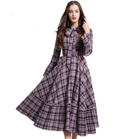 Plaid Flare Sleeve A-Line Swing Drawstring Collar Dress