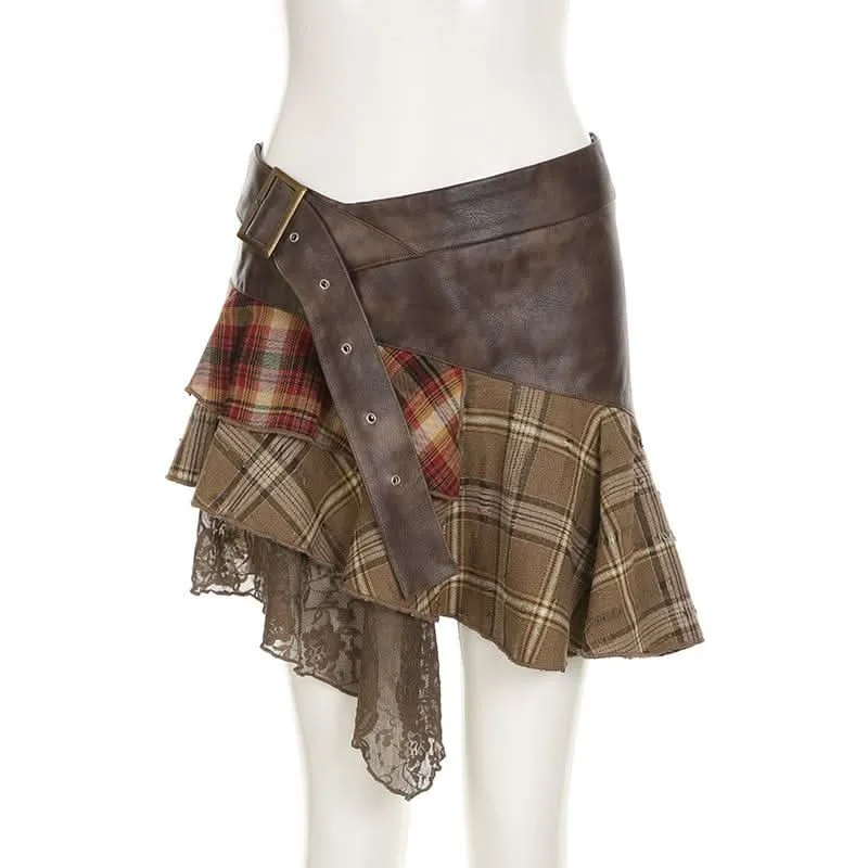 PU leather plaid patchwork belt lace hem mini skirt