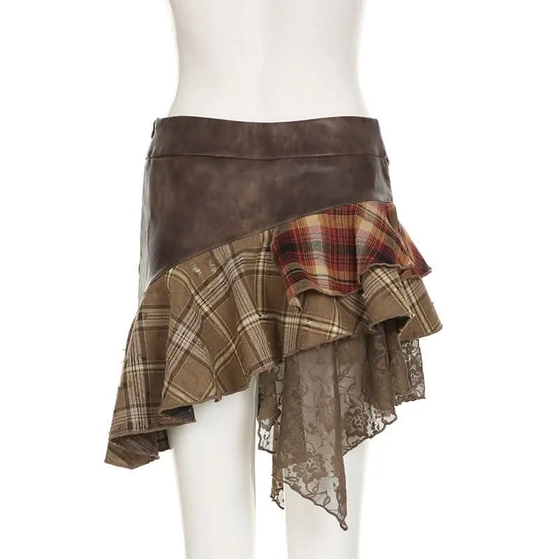 PU leather plaid patchwork belt lace hem mini skirt