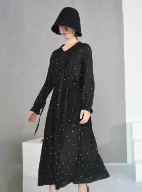 ROUND NECK LONG SLEEVE SOLID BLACK CHIFFON DOT LOOSE DRESS