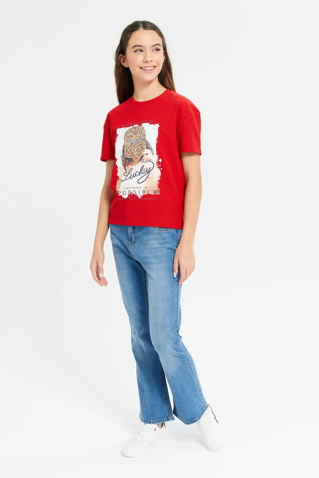 Senior Girls Red Jacquard Drop Shoulder With Girly Print T-Shirt