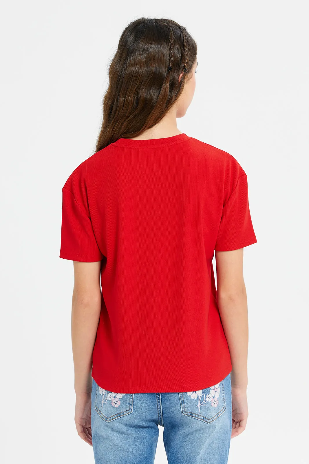 Senior Girls Red Jacquard Drop Shoulder With Girly Print T-Shirt