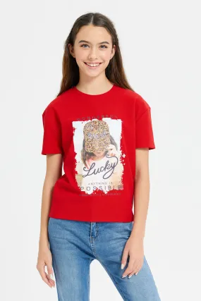 Senior Girls Red Jacquard Drop Shoulder With Girly Print T-Shirt