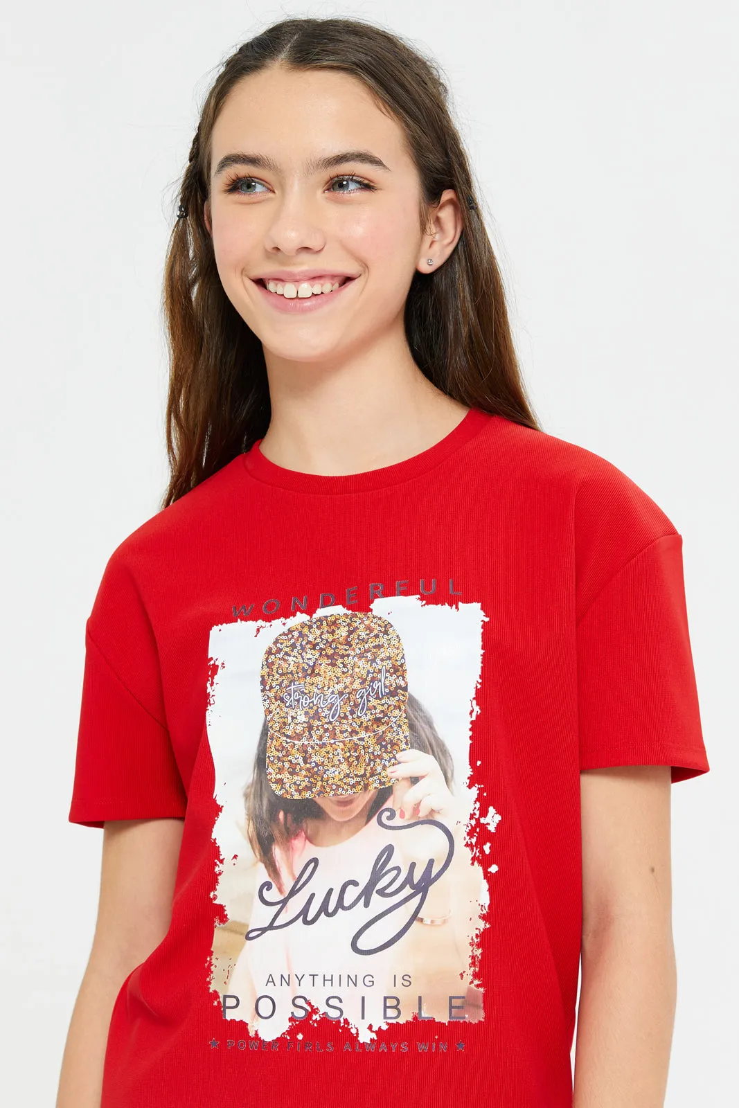 Senior Girls Red Jacquard Drop Shoulder With Girly Print T-Shirt